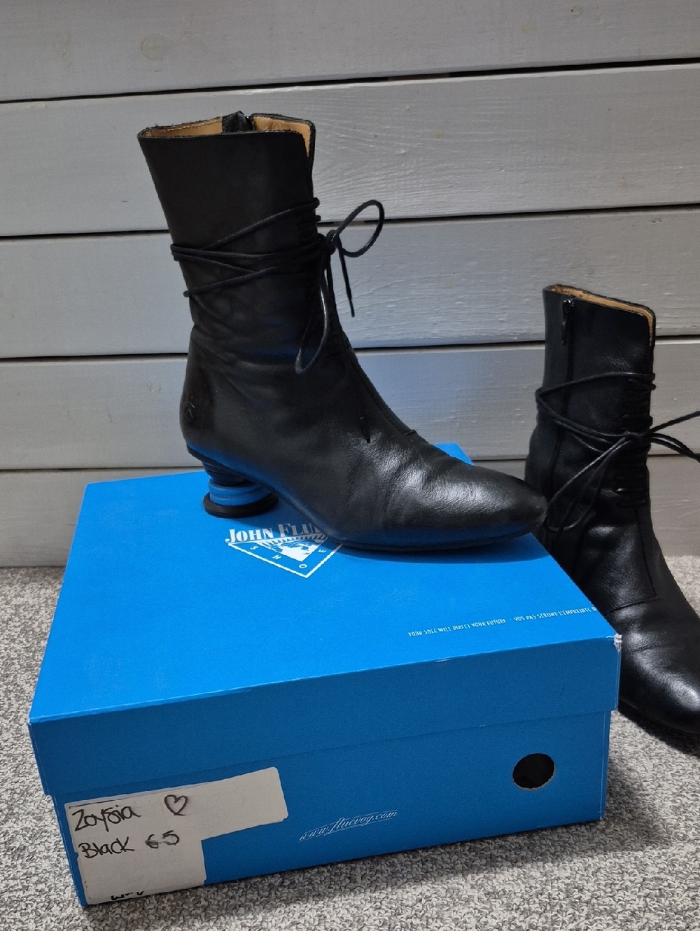 John Fluevog Zoysia Black Leather Low Heeled Boots with Wrap Tie